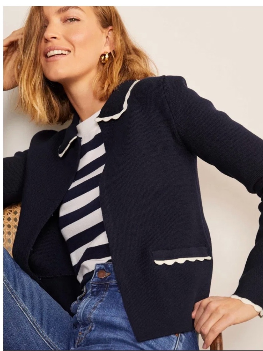 Boden Carlisle Scallop Cardigan with Yellow Trim